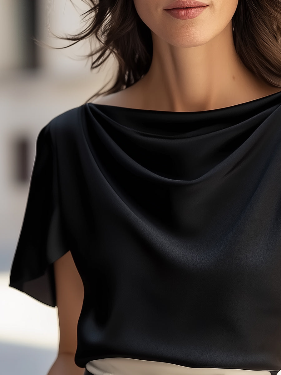 Classic Satin Draped Cap Sleeve Blouse MLZ