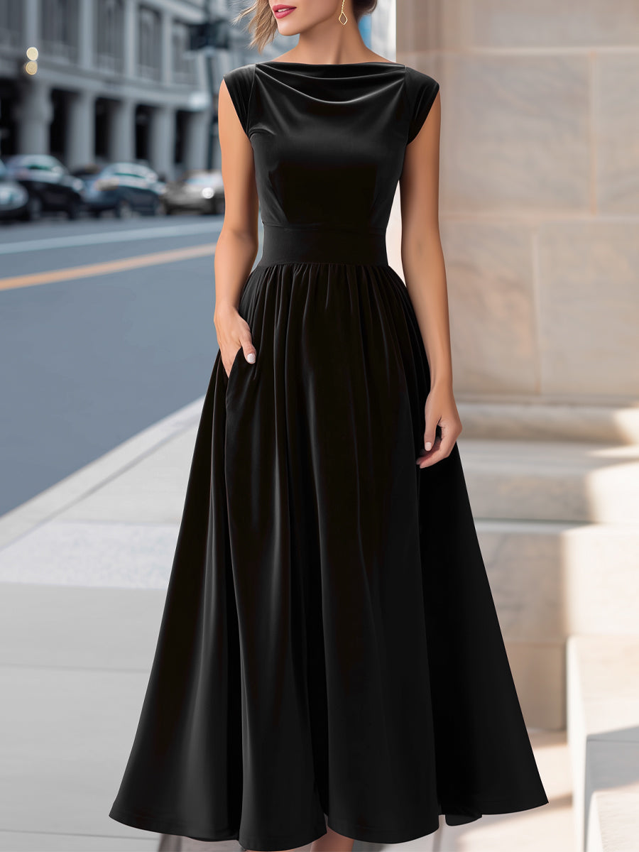 Velvet Boat-Neck Sleeveless A-Line Evening Gown MLZ