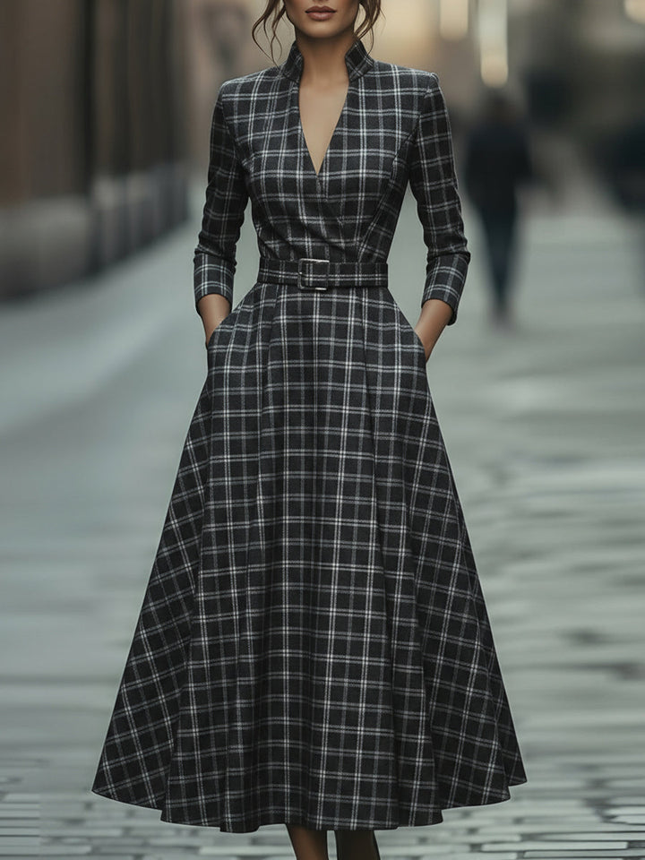 Plaid Check Belted Dress With V-Neckline ZJ
