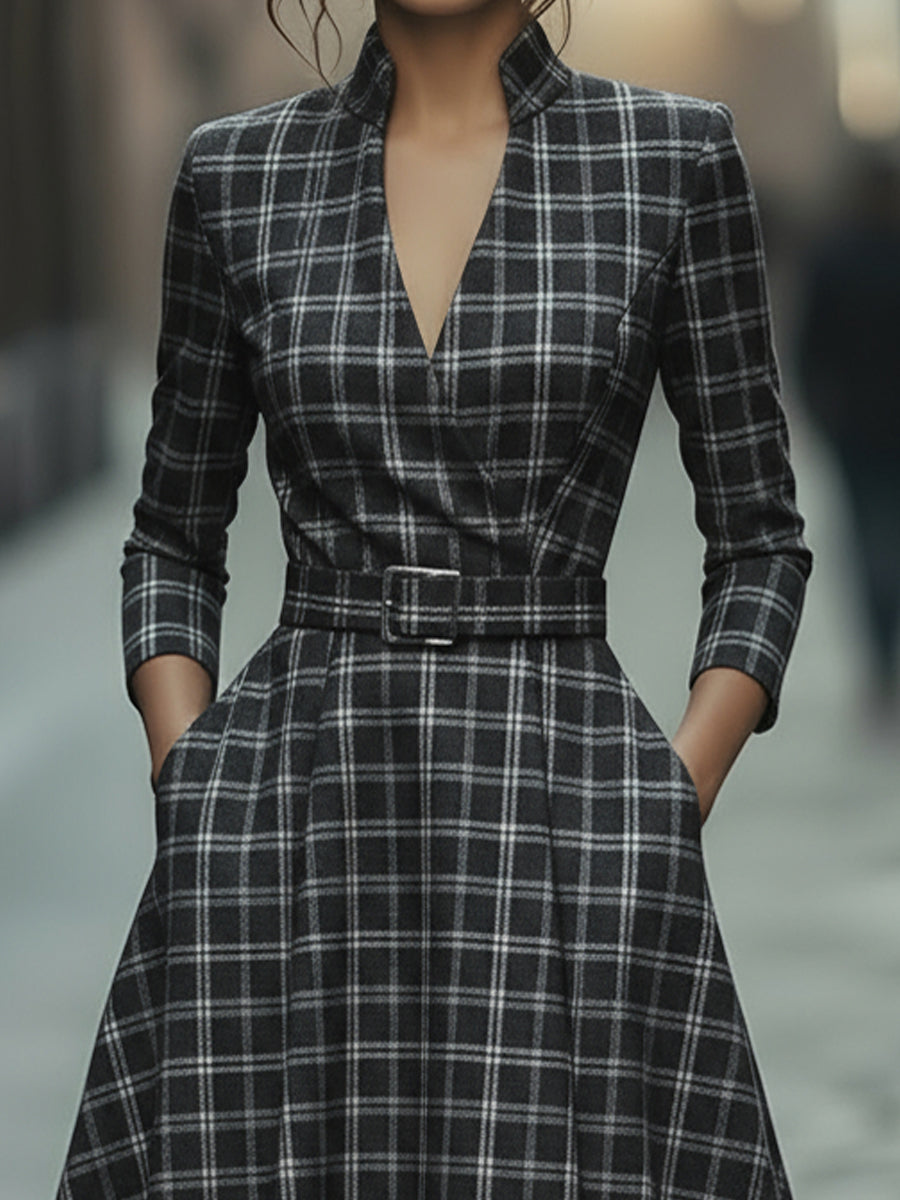 Plaid Check Belted Dress With V-Neckline ZJ