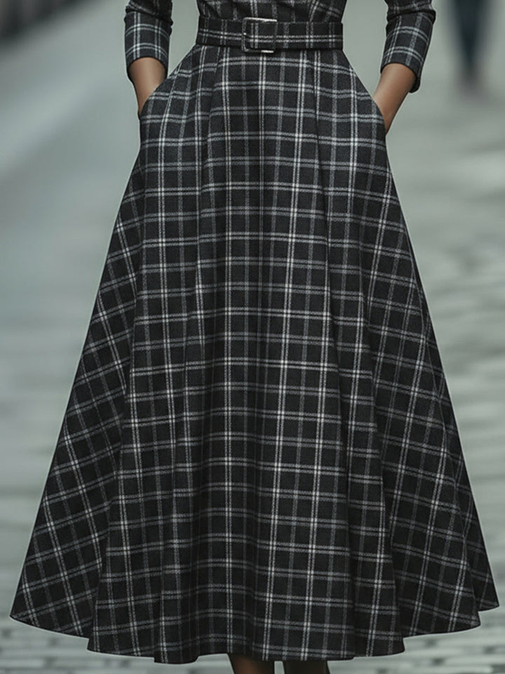 Plaid Check Belted Dress With V-Neckline ZJ