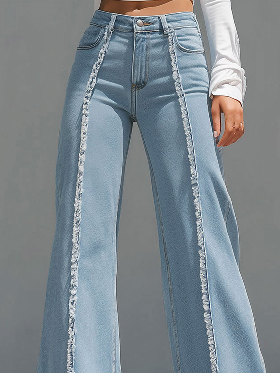 High-Waisted Light Blue Flared Jeans With Raw Edge Seams SN