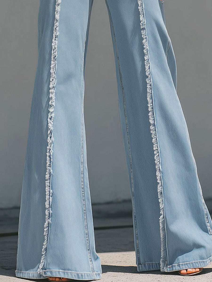 High-Waisted Light Blue Flared Jeans With Raw Edge Seams SN