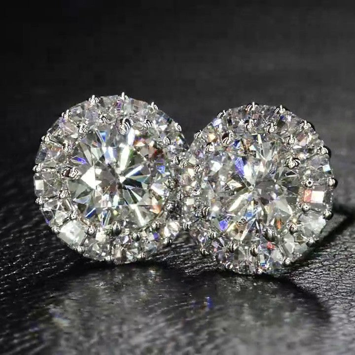 Round Cut Halo 925 Sterling Silver Stud Earrings Shineofdiamond