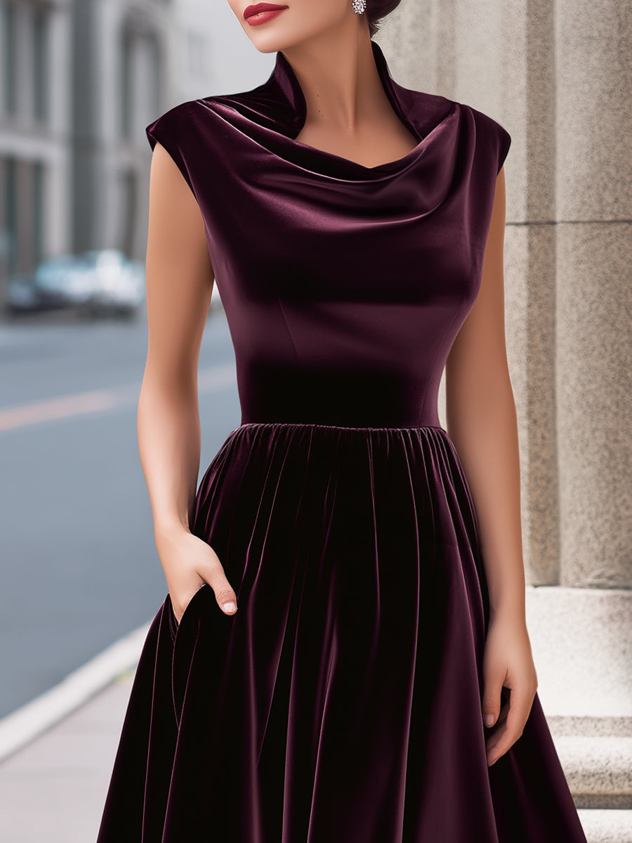 Velvet Cowl-Neck Sleeveless A-Line Evening Gown MLZ