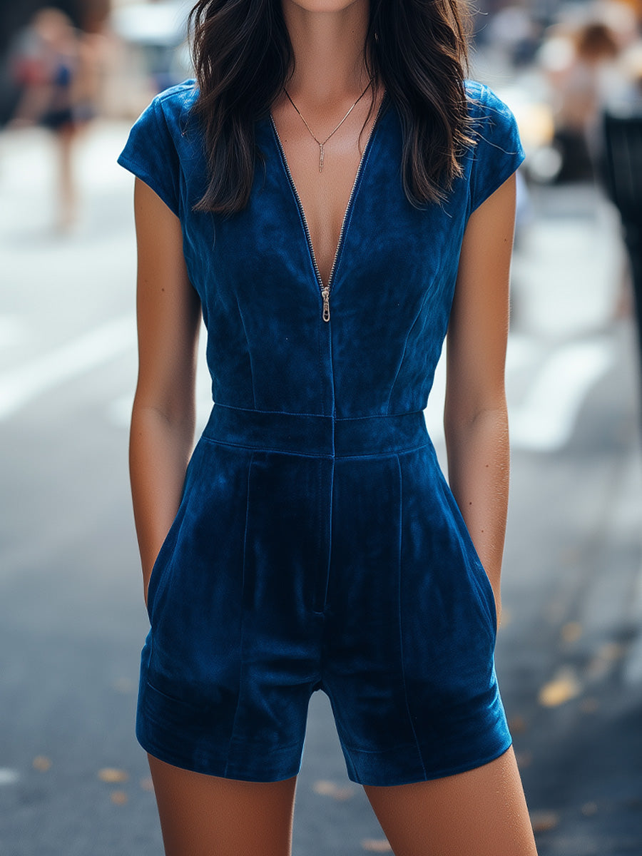 Stylish Zipper-Front  Romper XYS