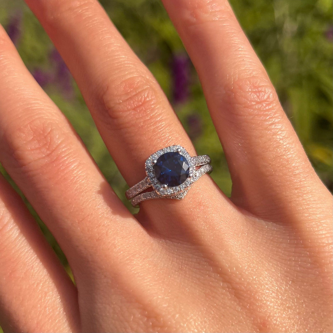 Royal Blue Cushion Cut Halo Bridal Set With V-Shape Band Shine of Diamond