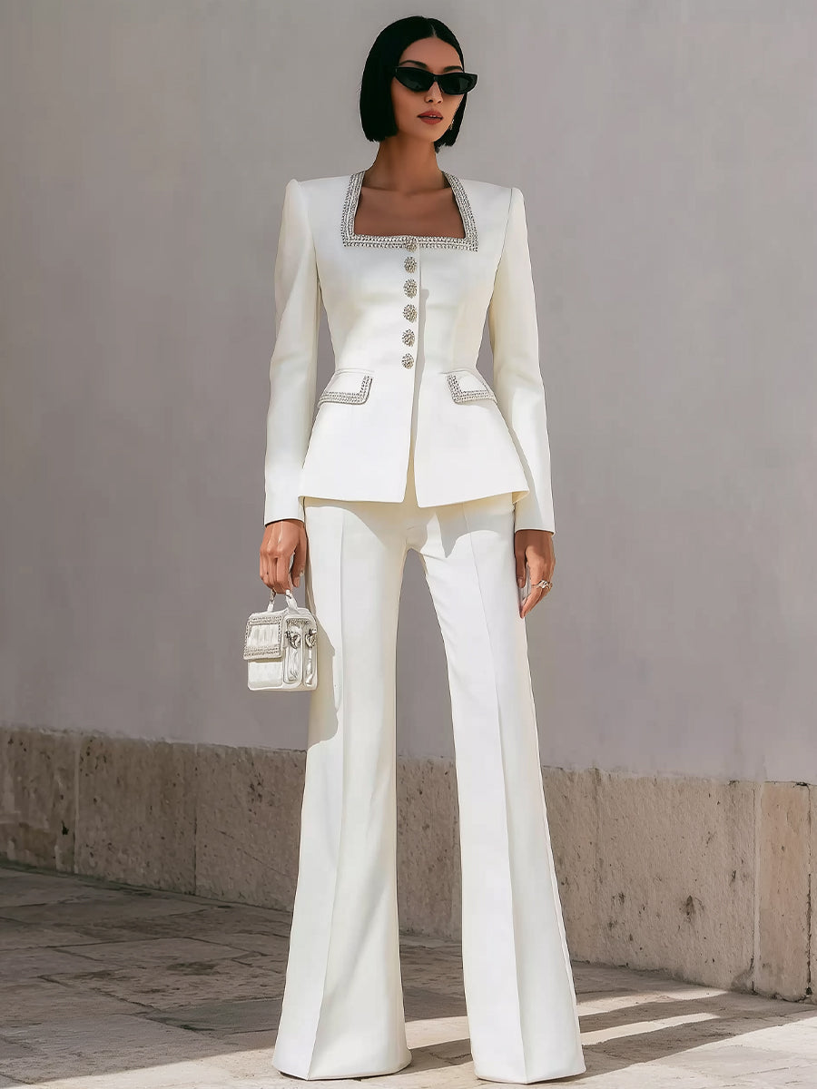 White Structured Suit With Embellished Trim And Sculpted Silhouette ZJ
