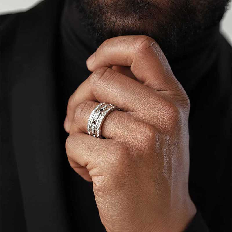 Round Cut Pave Set Rope Wedding Band For Men in Sterling Silver Shineofidamond