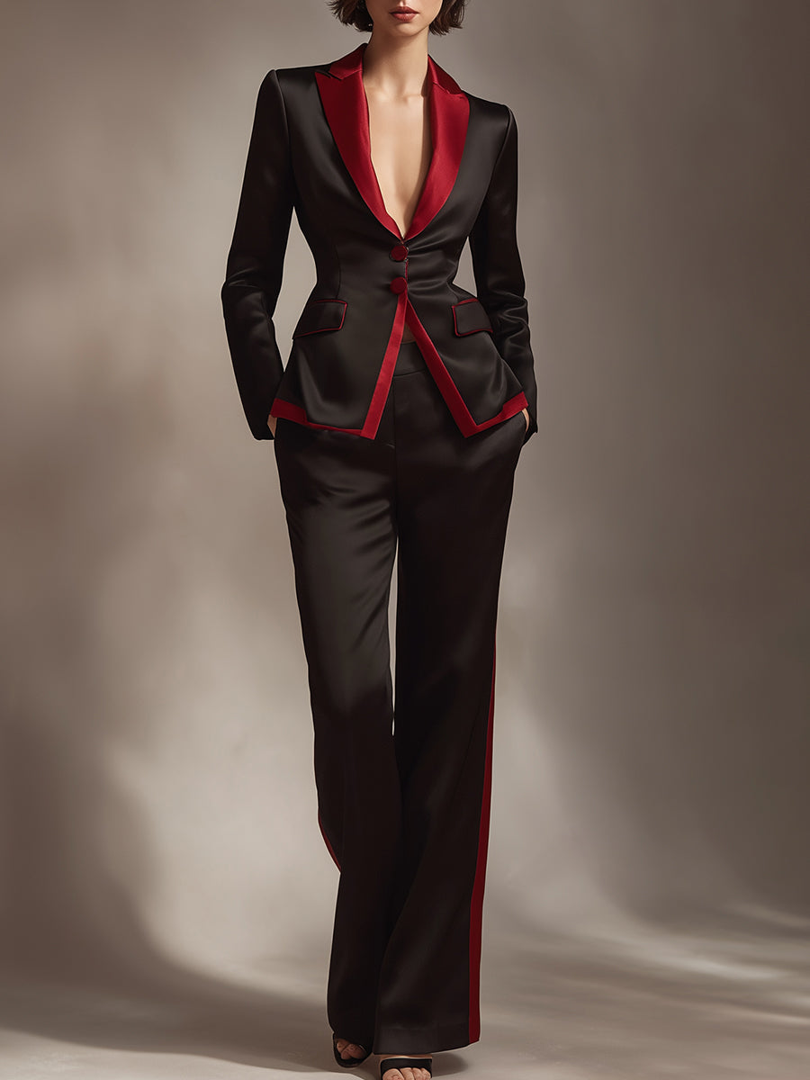 Black And Red Contrast Satin Tailored Pantsuit ZJ