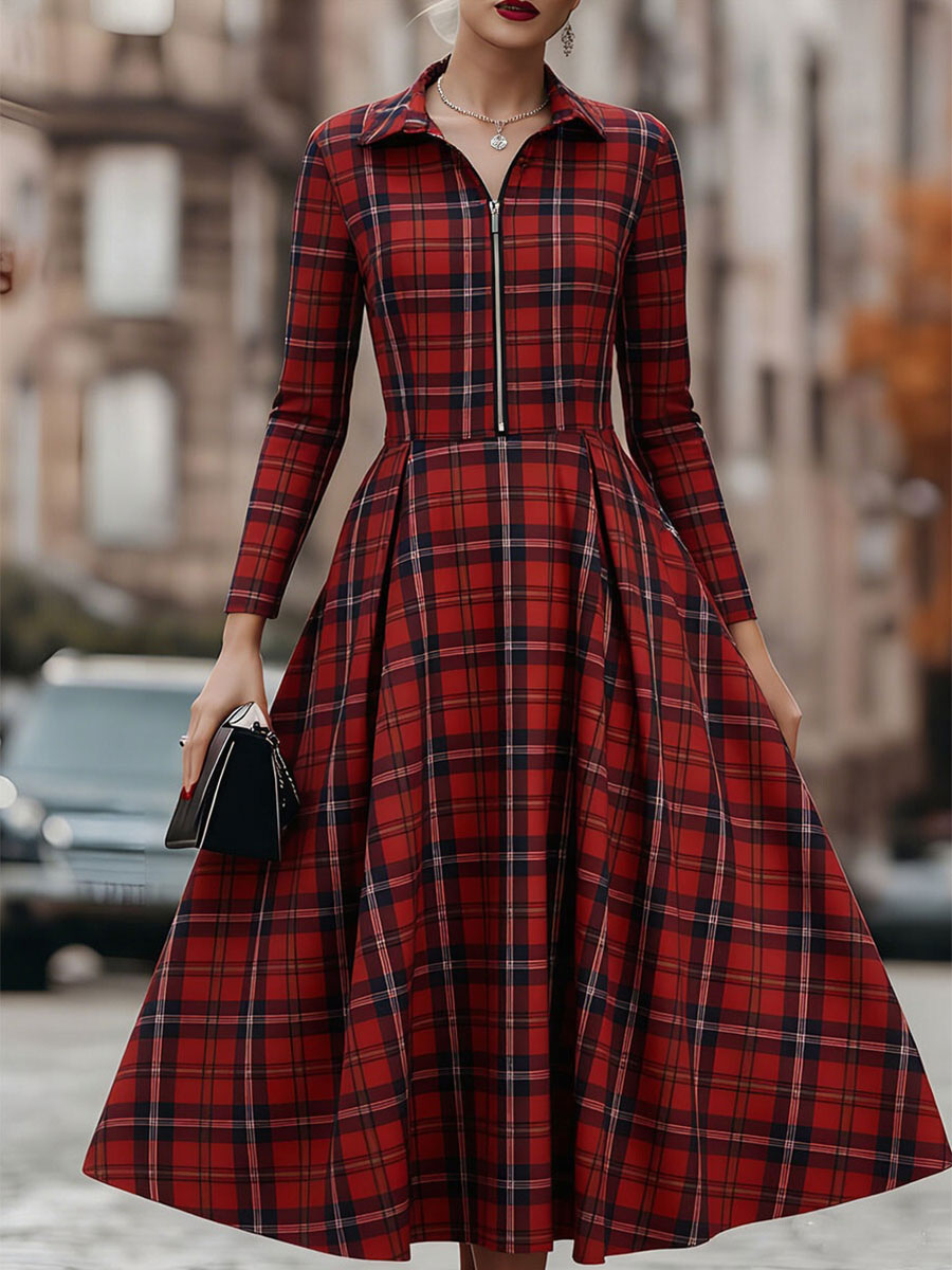 Elegant Long Sleeve Plaid Dress - Perfect Blend Of Classic And Contemporary SN