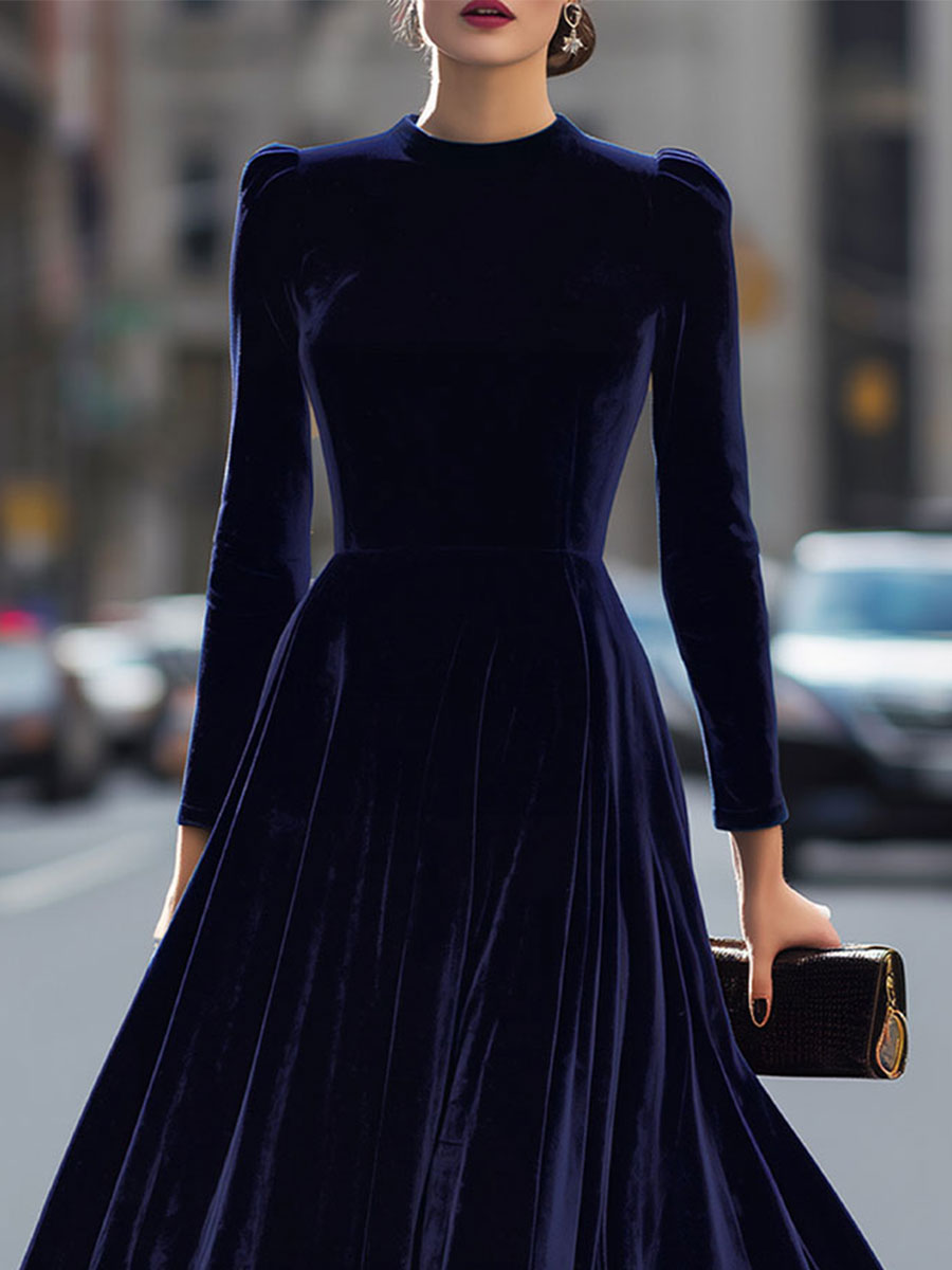 Luxurious   Velvet Long-Sleeve Midi Dress SN