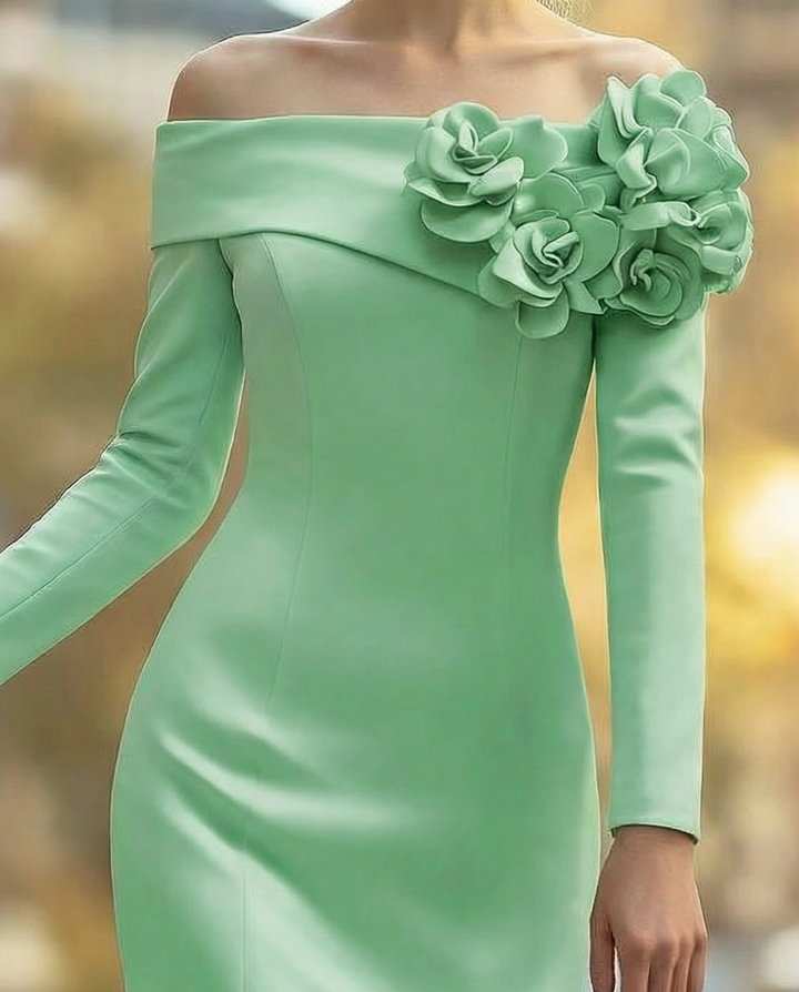 Mint Green 3D Floral A-Line - Midi Dress