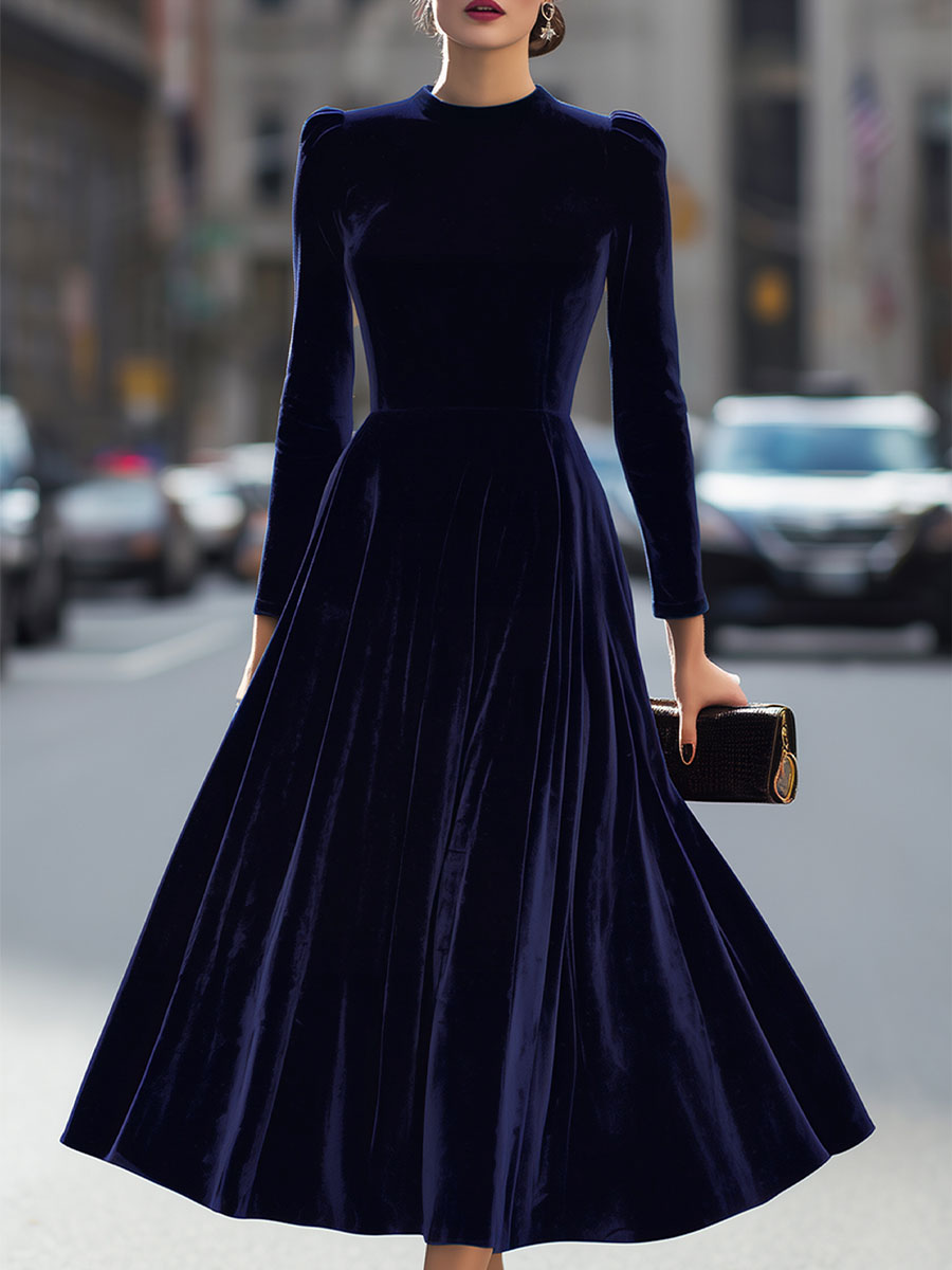 Luxurious   Velvet Long-Sleeve Midi Dress SN