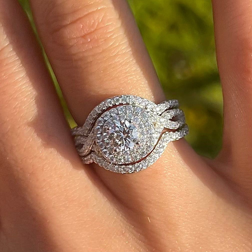 Gorgeous 3 Pcs Round Cut Halo Sterling Silver Bridal Set Shine of Diamond