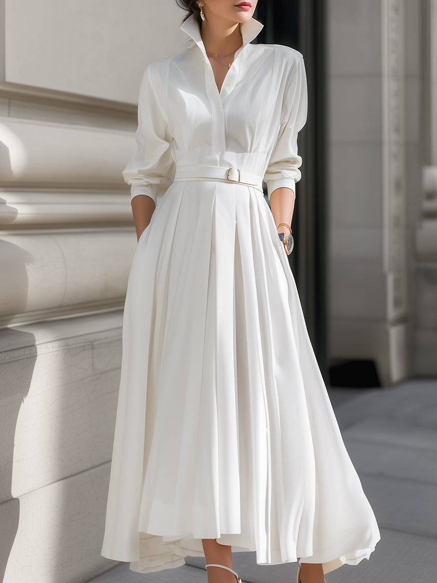 Elegant Plain Belted Shirt Dress With Pleated Skirt HWT