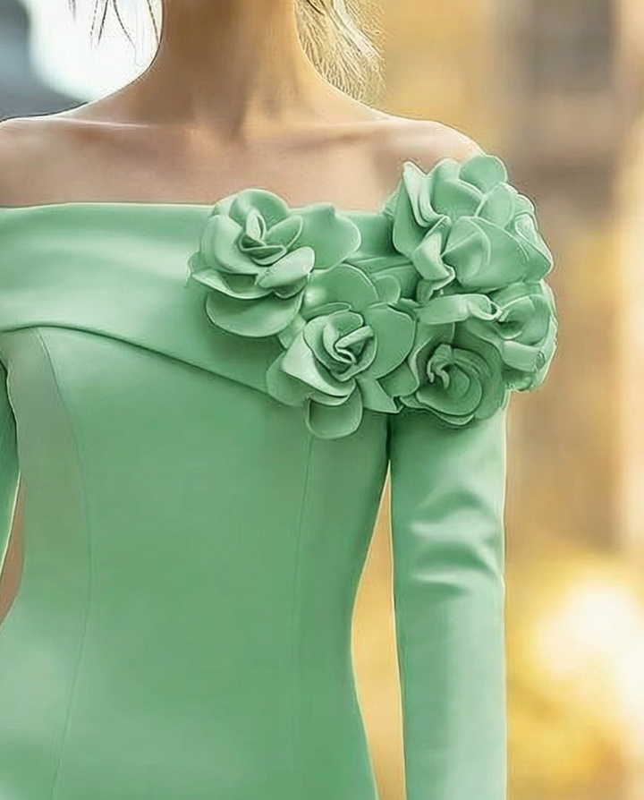 Mint Green 3D Floral A-Line - Midi Dress