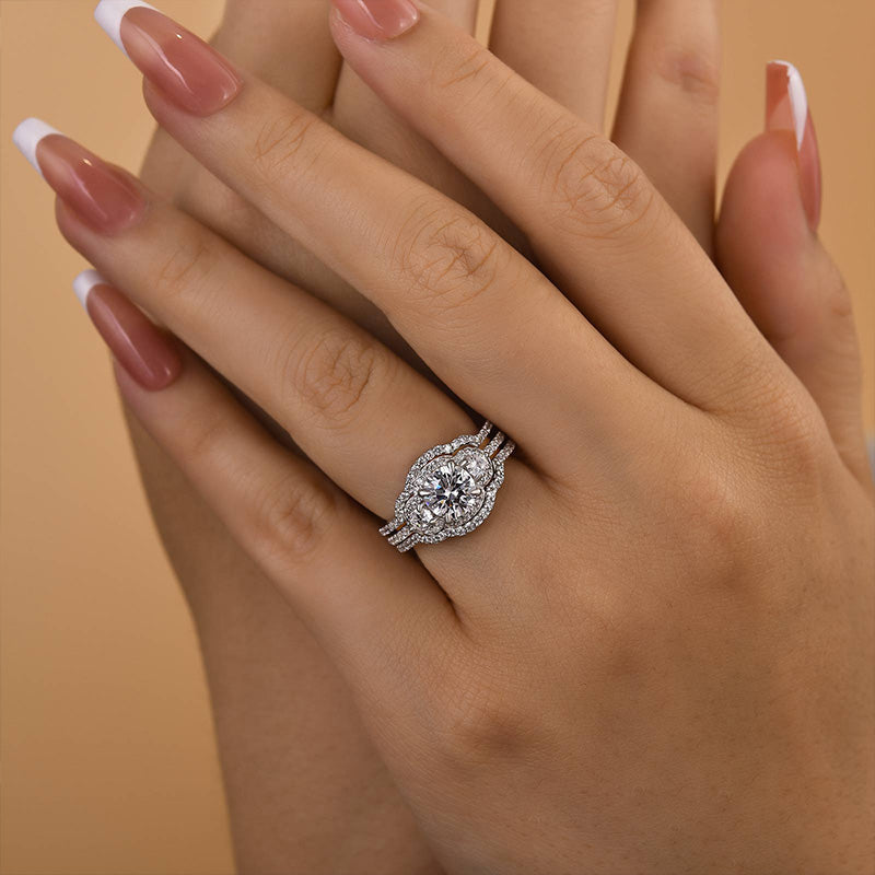 Exquisite Halo Round Cut Three Stone Sterling Silver Bridal Set Shineofdiamond