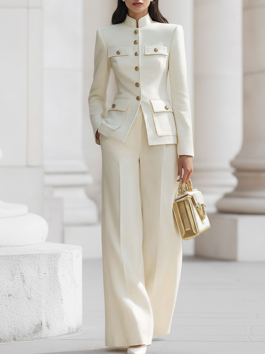 Elegant Cream Military-Inspired Tailored Suit Set With Gold Accents SN