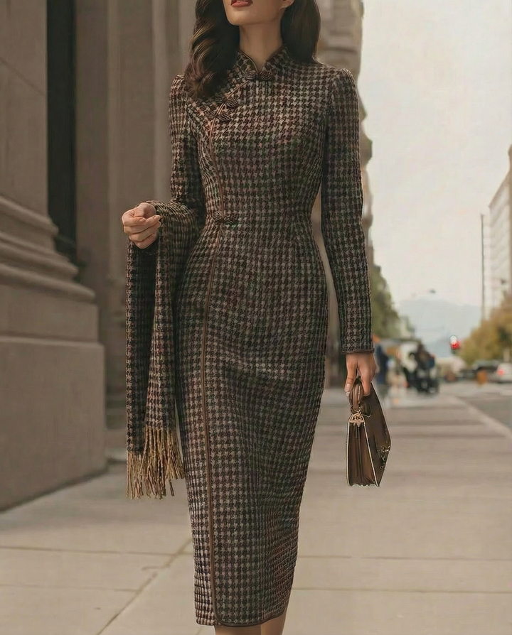 Classic Houndstooth Long-Sleeve Tailored Fit - Midi Dress
