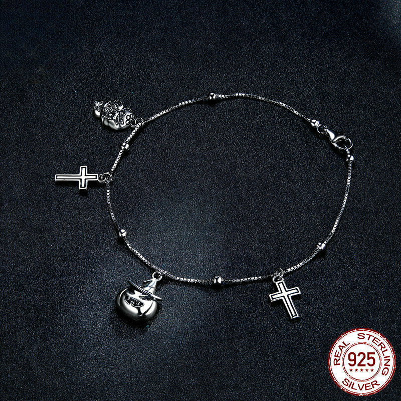 Halloween ‌‌Skeleton Cross Pumpkin Sterling Silver Bracelet shine of diamond