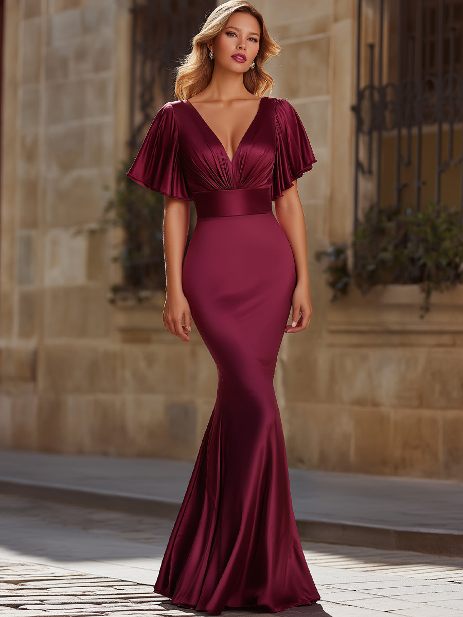 Satin Flutter Sleeve Mermaid Evening Dress MLZ
