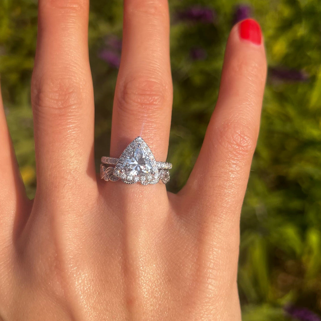 Unique 2 Pcs Triangle Shape Sterling Silver Bridal Set Shine of Diamond