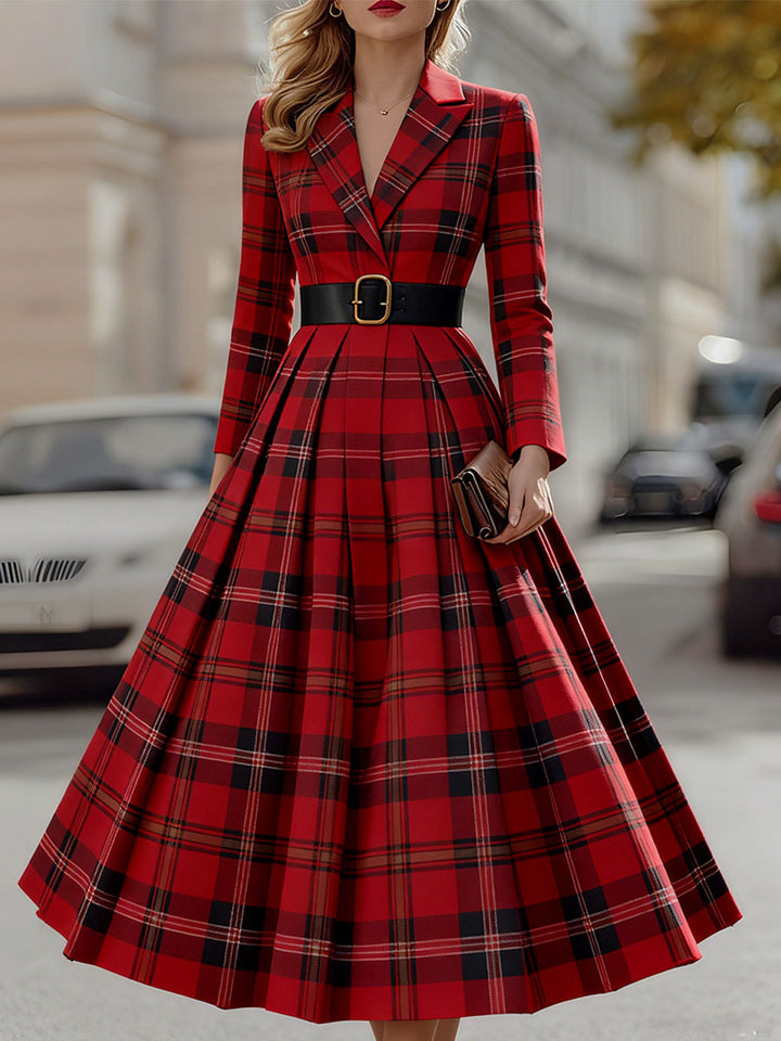 Casa Laro Statement Red Plaid Trench Dress With Gold Buckle Belt SN