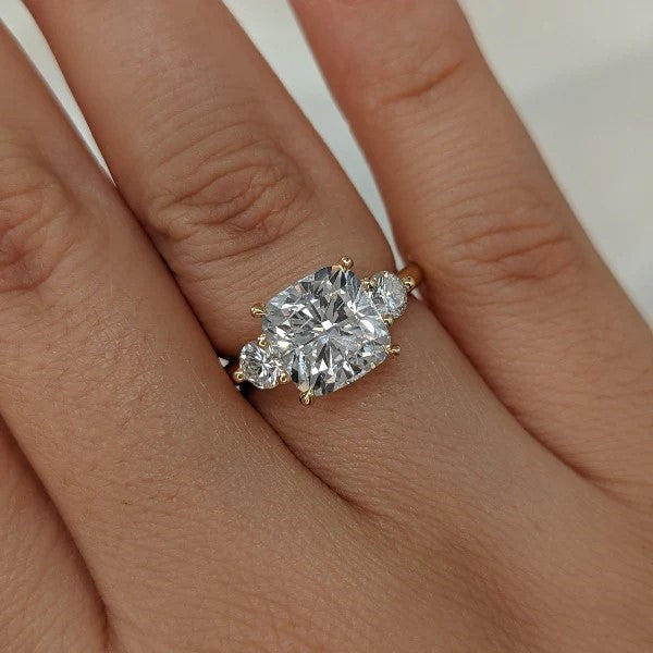 Three Stone Golden Tone Cushion Cut Sterling Silver Engagement Ring Shineofdiamond