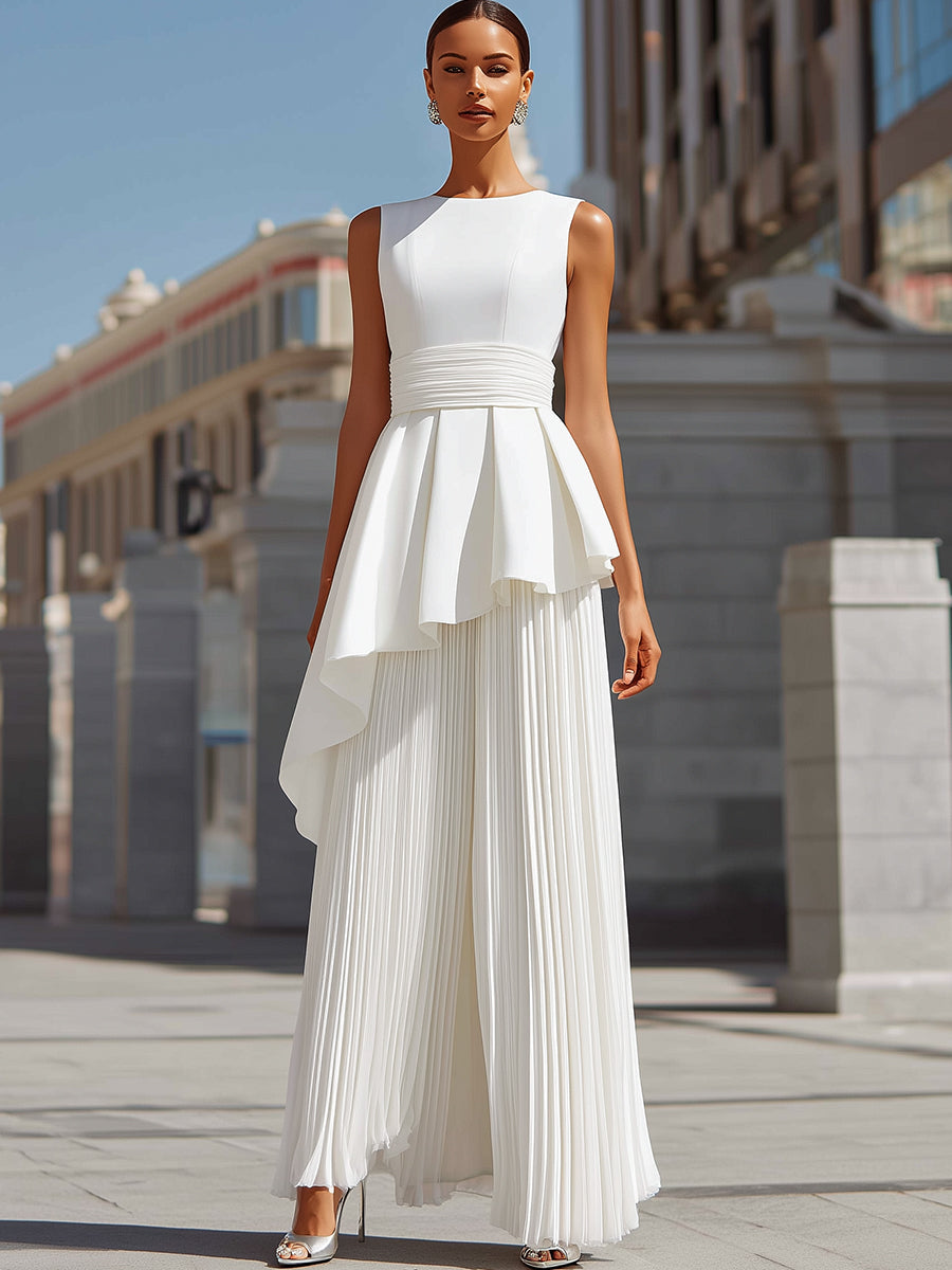 Sculpted Asymmetric Peplum & Pleated Maxi Gown In White ZJ
