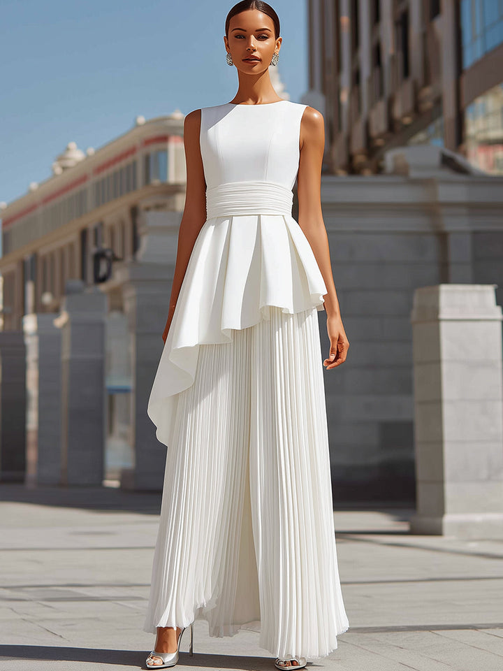 Sculpted Asymmetric Peplum & Pleated Maxi Gown In White ZJ