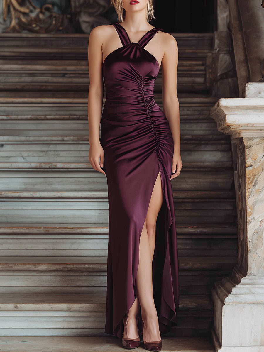Burgundy Double-Strap Ruched Satin Gown ZJ