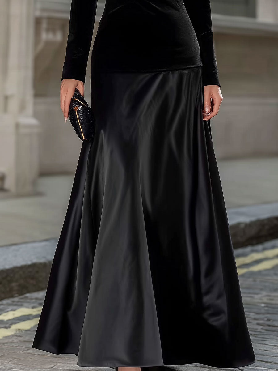 Black Velvet & Satin Long-Sleeve A-Line Evening Gown SN