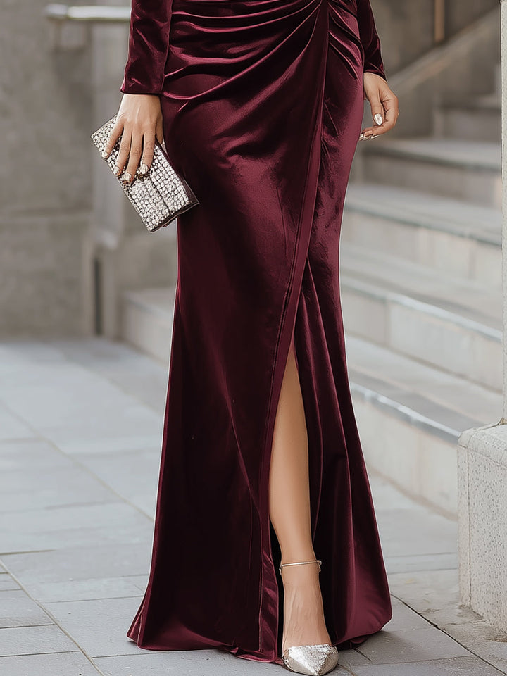 Burgundy Velvet One-Shoulder Evening Gown ZJ