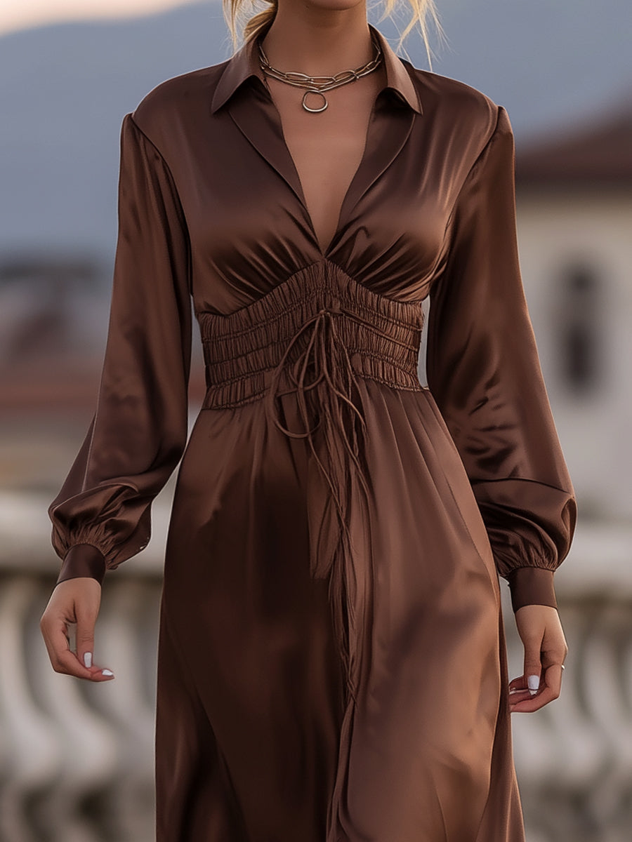 Casa Laro Satin Cinched Waist Maxi Dress In Mocha Brown ZJ