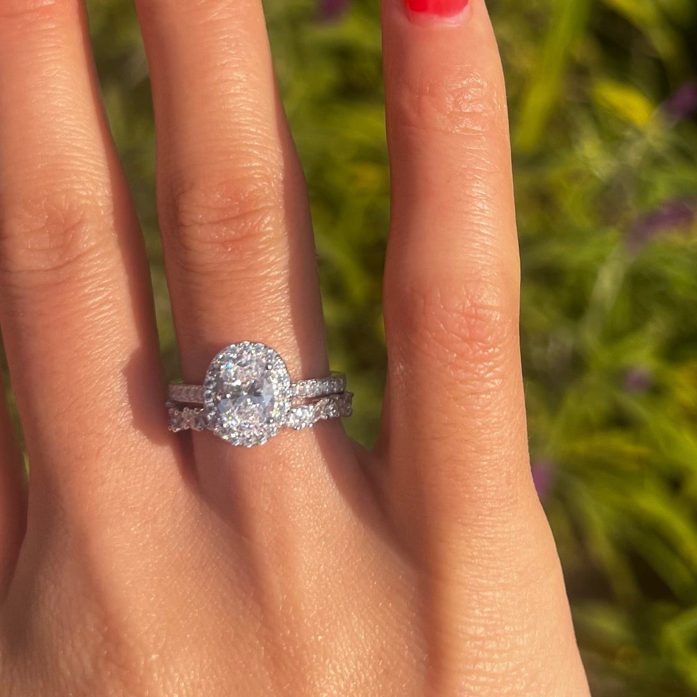 Elegant 2 Pcs Oval Cut Halo Sterling Silver Bridal Set Shine of Diamond