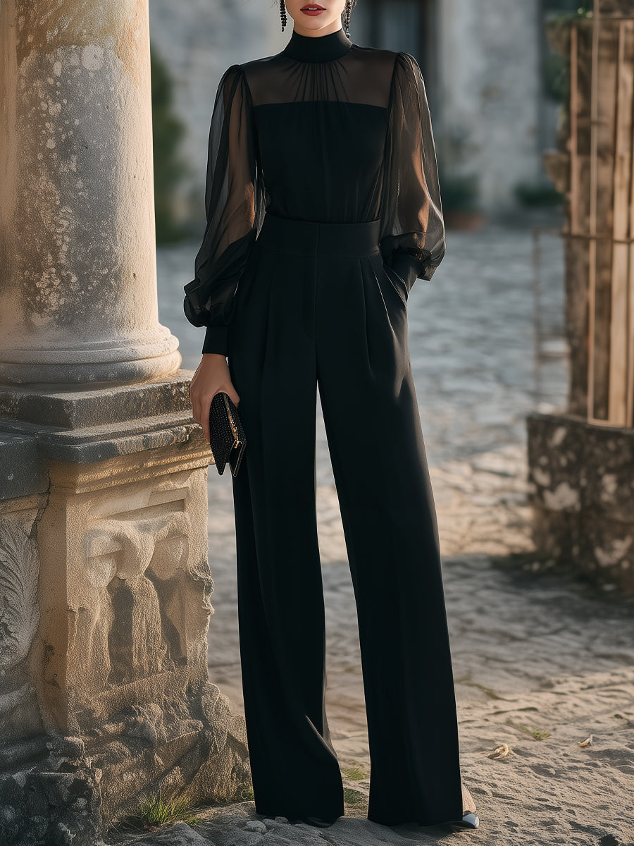 Sheer Lantern Sleeve High-Neck Wide-Leg Jumpsuit XYS