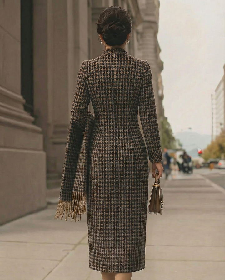 Classic Houndstooth Long-Sleeve Tailored Fit - Midi Dress