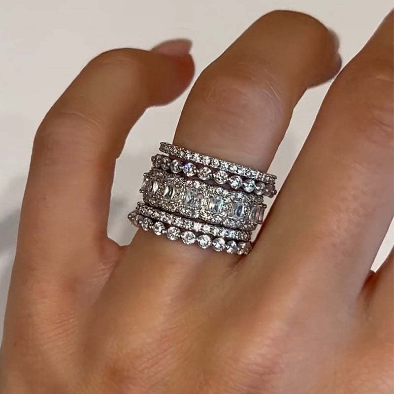 5PCS Cushion Cut Wedding Band Set in Sterling Silver Shineofdiamond