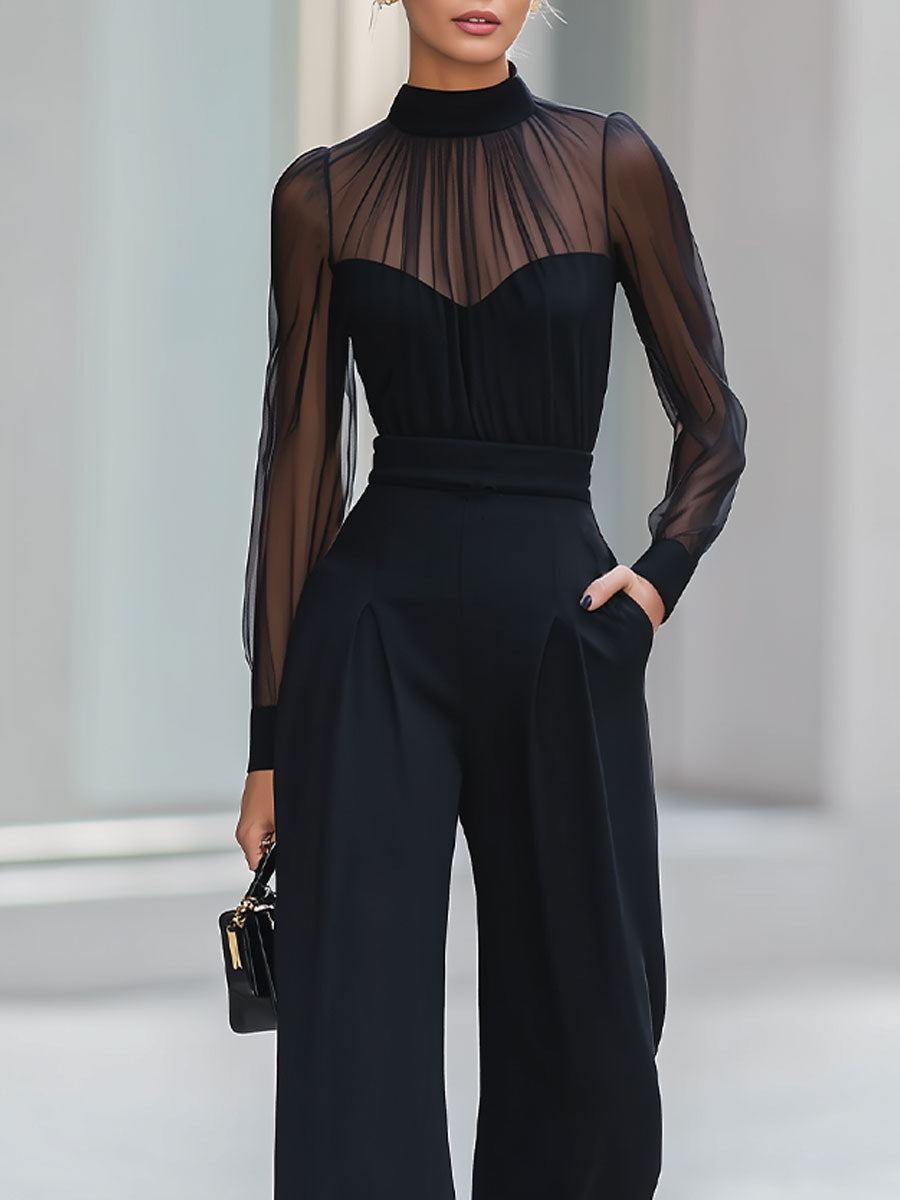 Black Sheer Turtleneck Wide-Leg Jumpsuit SN