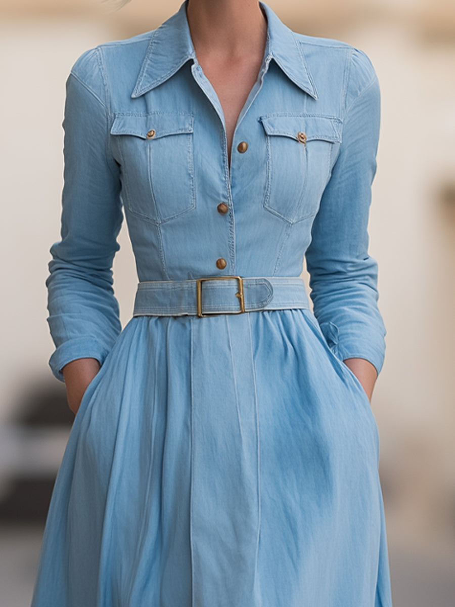 Classic Belted Denim Shirt Dress With Full Skirt ZJ