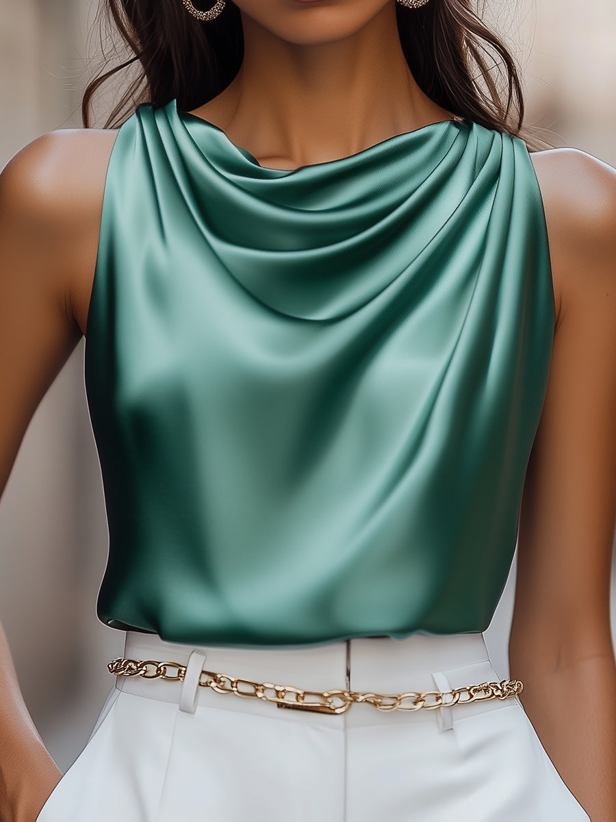 Teal Satin Drape Neck Blouse HWT
