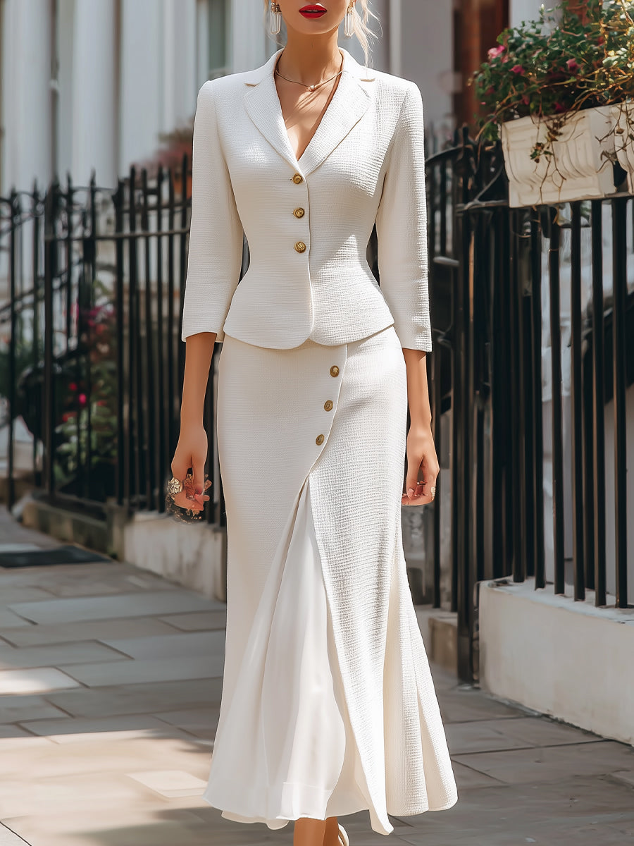 Elegant Textured Buttoned Blazer & Midi Skirt Set HWT