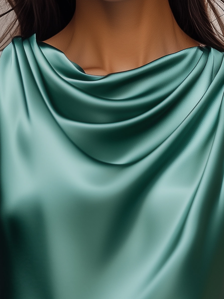 Teal Satin Drape Neck Blouse HWT