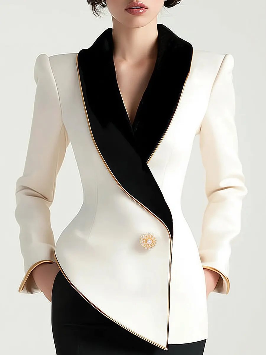 Asymmetrical White Blazer with Black Contrast Lapels - Women's Tailored Blazer CASA LARO