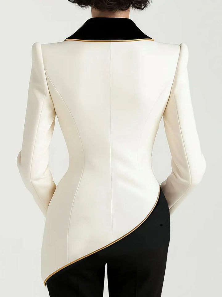 Asymmetrical White Blazer with Black Contrast Lapels - Women's Tailored Blazer CASA LARO