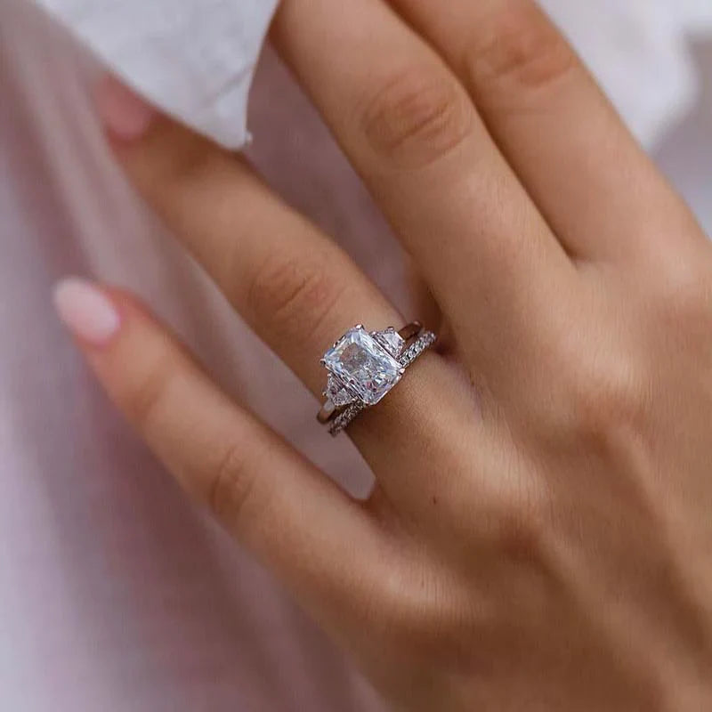 2PCS Three Stone Radiant Cut Bridal Set In Sterling Silver shineofdiamond