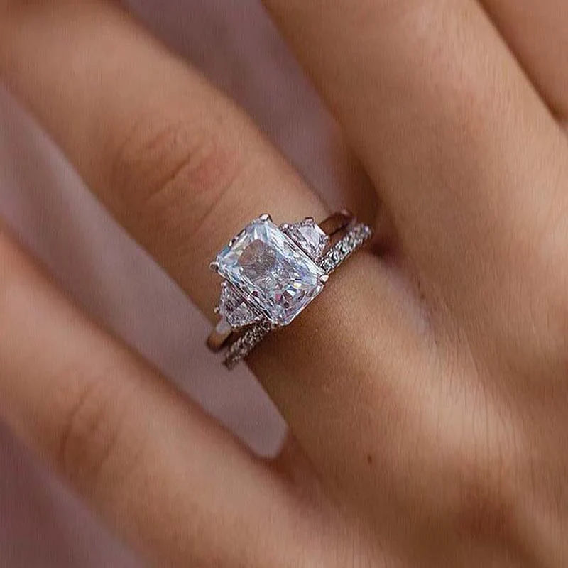 2PCS Three Stone Radiant Cut Bridal Set In Sterling Silver shineofdiamond