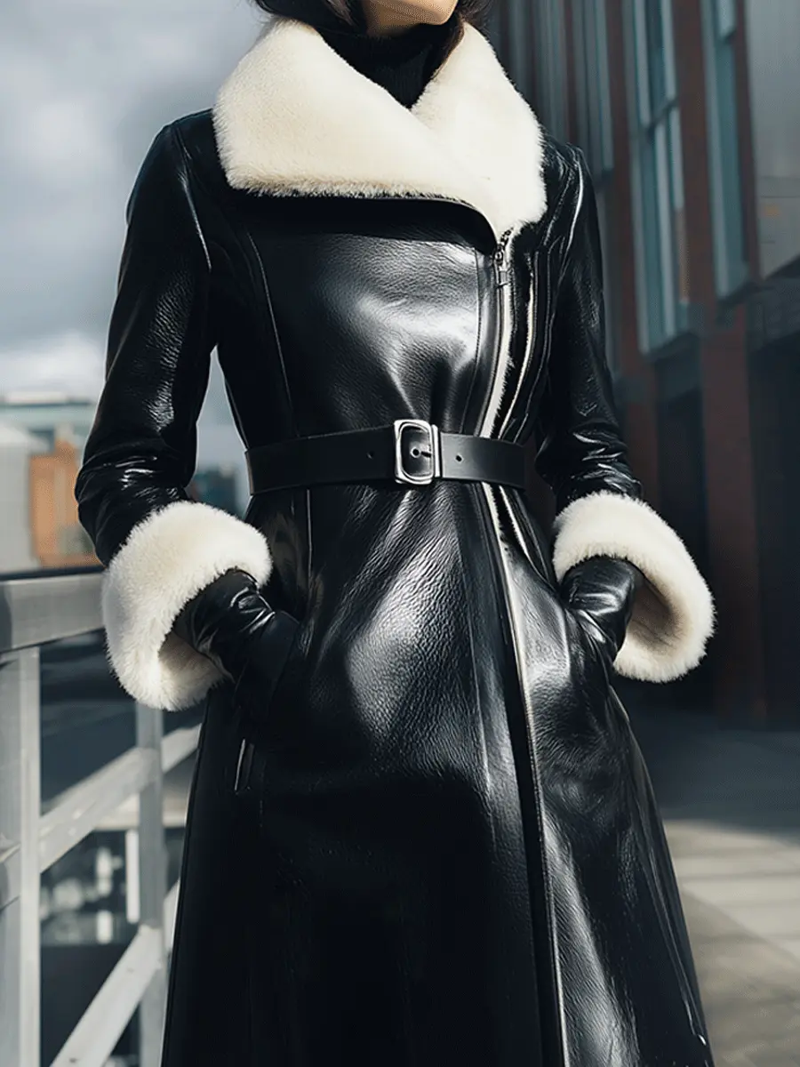 Black Belted Shearling-Collar Coat - Winter Coat CASA LARO