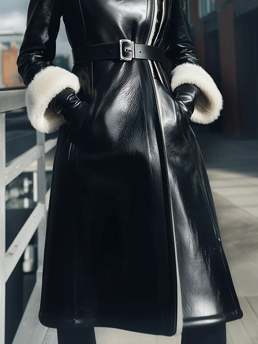 Black Belted Shearling-Collar Coat - Winter Coat CASA LARO